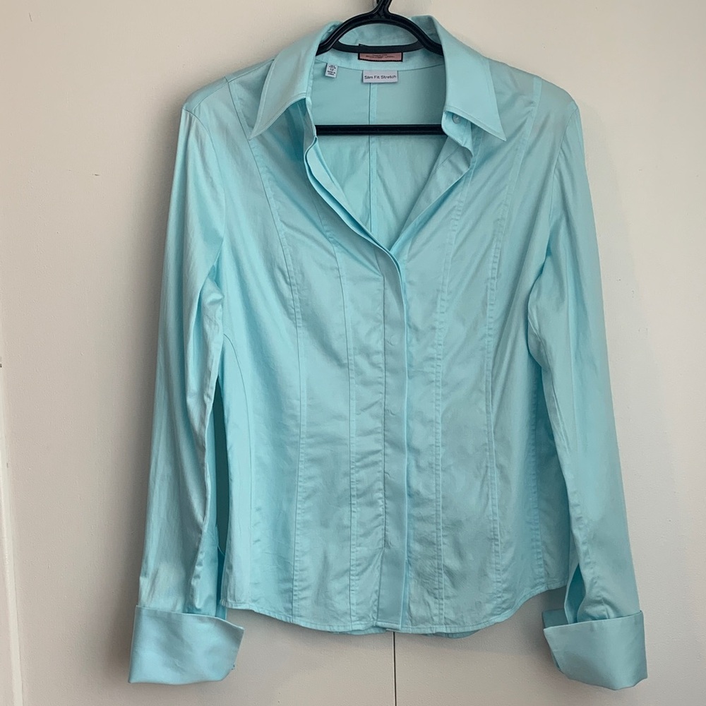 Thomas Pink Mint Blue Slim Fit Stretch Long Sleeve Dress Shirt Size 8(Small)